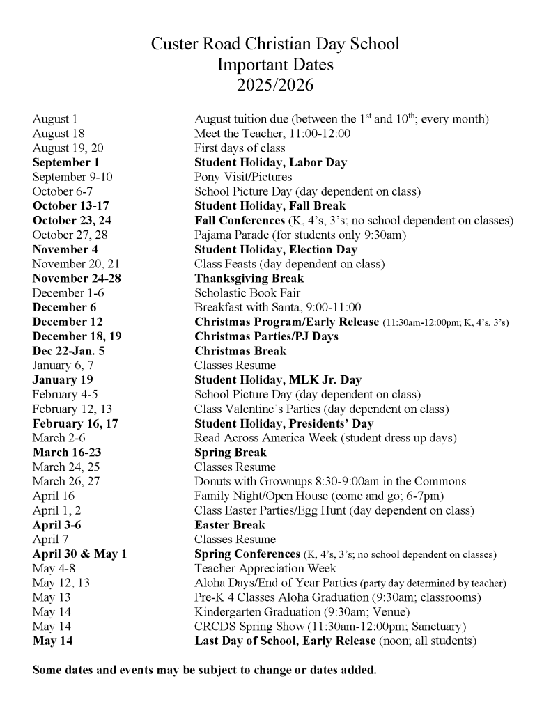 Custer Road Christian Day School 2025-2026 Calendar